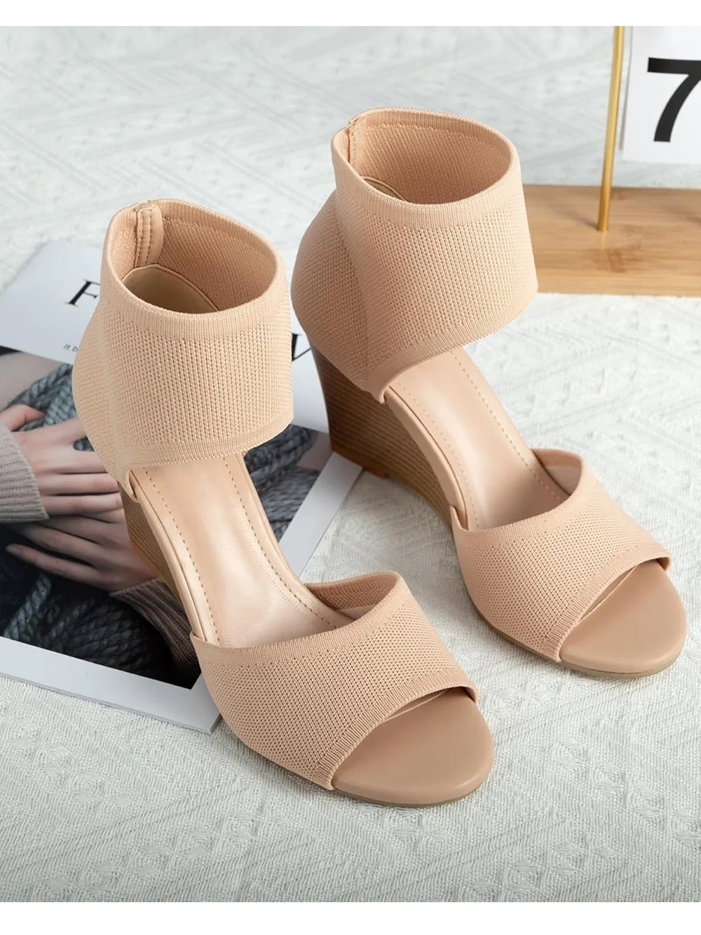Women's Knit Ankle-Wrap Wedge Sandal in Nude